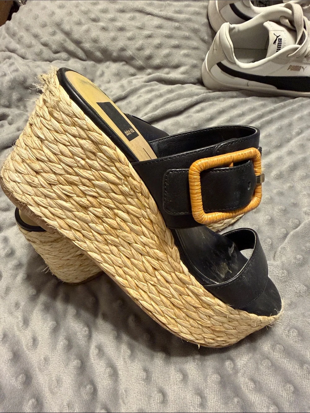 Dolce Vita Black Leather Espadrille Slide Sandals with Tan Buckles